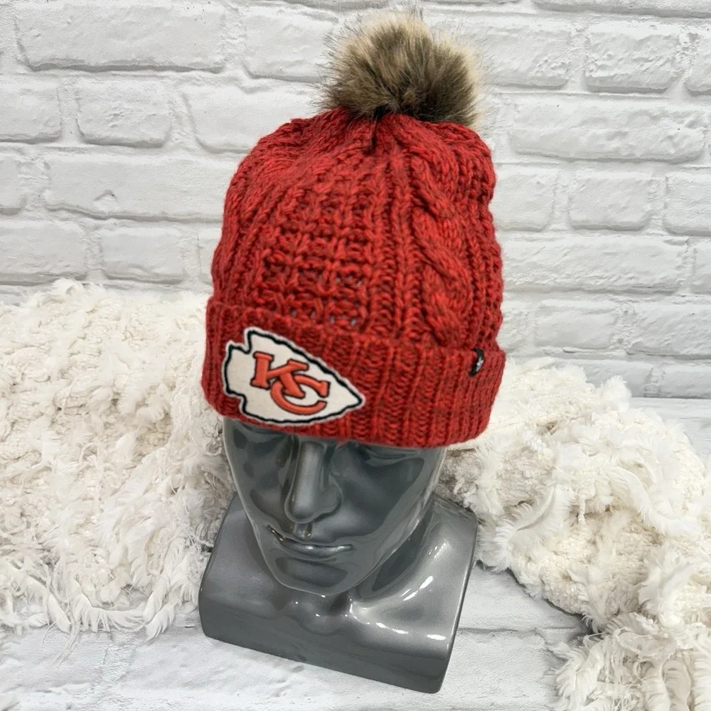 47' NFL Kansas City Chiefs Women's Cable Knit Beanie Hat Cap Football w/ Pom Pom